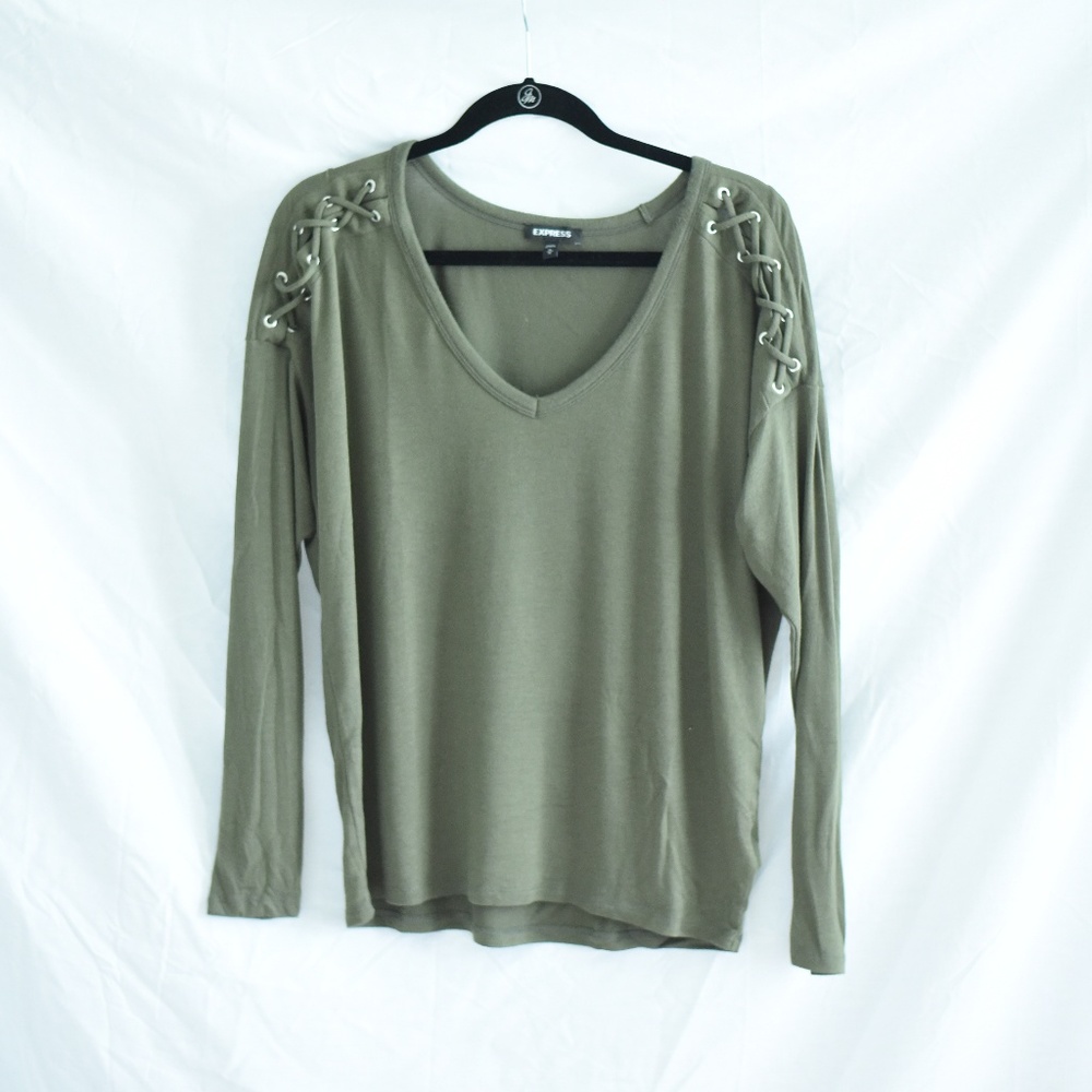 Express Khaki Green Long Sleeve V-Neck Top Size M